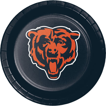 Dark blue paper plate with orange Chicago Bears head logo