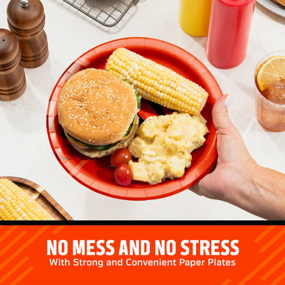 Hand holding a Cincinnati Bengals plate filled with a hamburger, corn on the cob, and potato salad. Banner with "No Mess and No Stress" text along the bottom