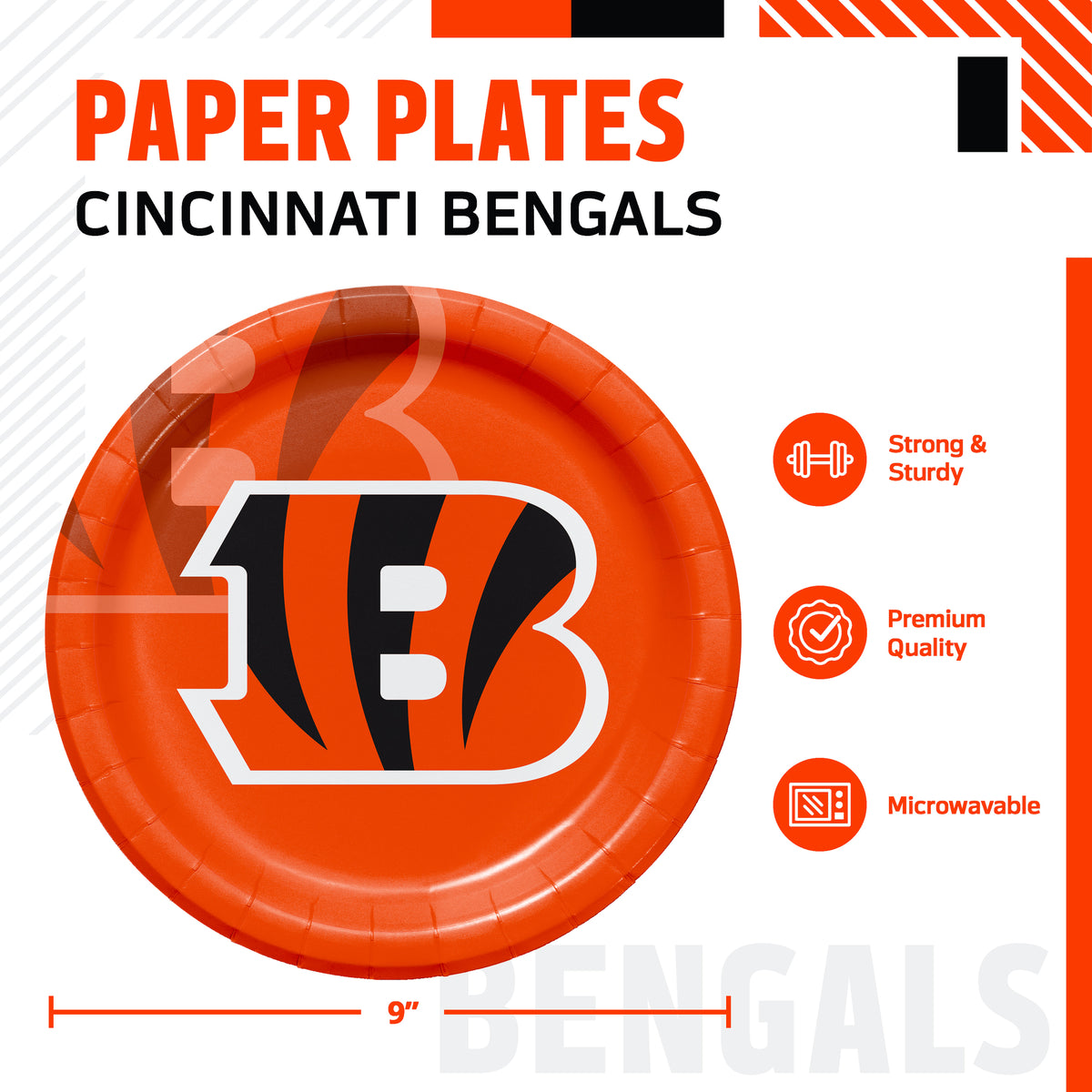 Cincinnati Bengals themed paper plates, featuring a 9-inch round plate with a bright orange background and large "B" logo with black bengal stripes The image includes product specifications and feature icons on a white background.