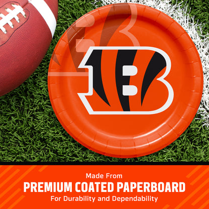 Cincinnati Bengals themed paper plate on a green turf background next to a football, with a text banner at the bottom reading 'Made from PREMIUM 2-PLY TISSUE'.