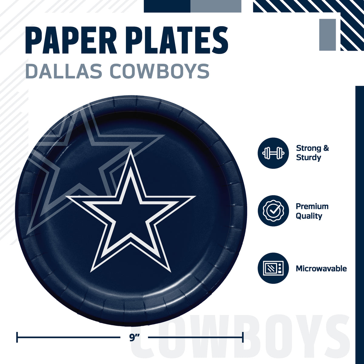 Dallas Cowboys themed paper plates set, featuring a navy blue plate with the white outline of the Dallas Cowboys star. The graphic includes product specifications, dimensions (9 inches), and feature icons indicating it is strong, sturdy, premium quality, and microwaveable.