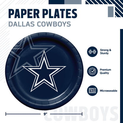 Dallas Cowboys themed paper plates set, featuring a navy blue plate with the white outline of the Dallas Cowboys star. The graphic includes product specifications, dimensions (9 inches), and feature icons indicating it is strong, sturdy, premium quality, and microwaveable.