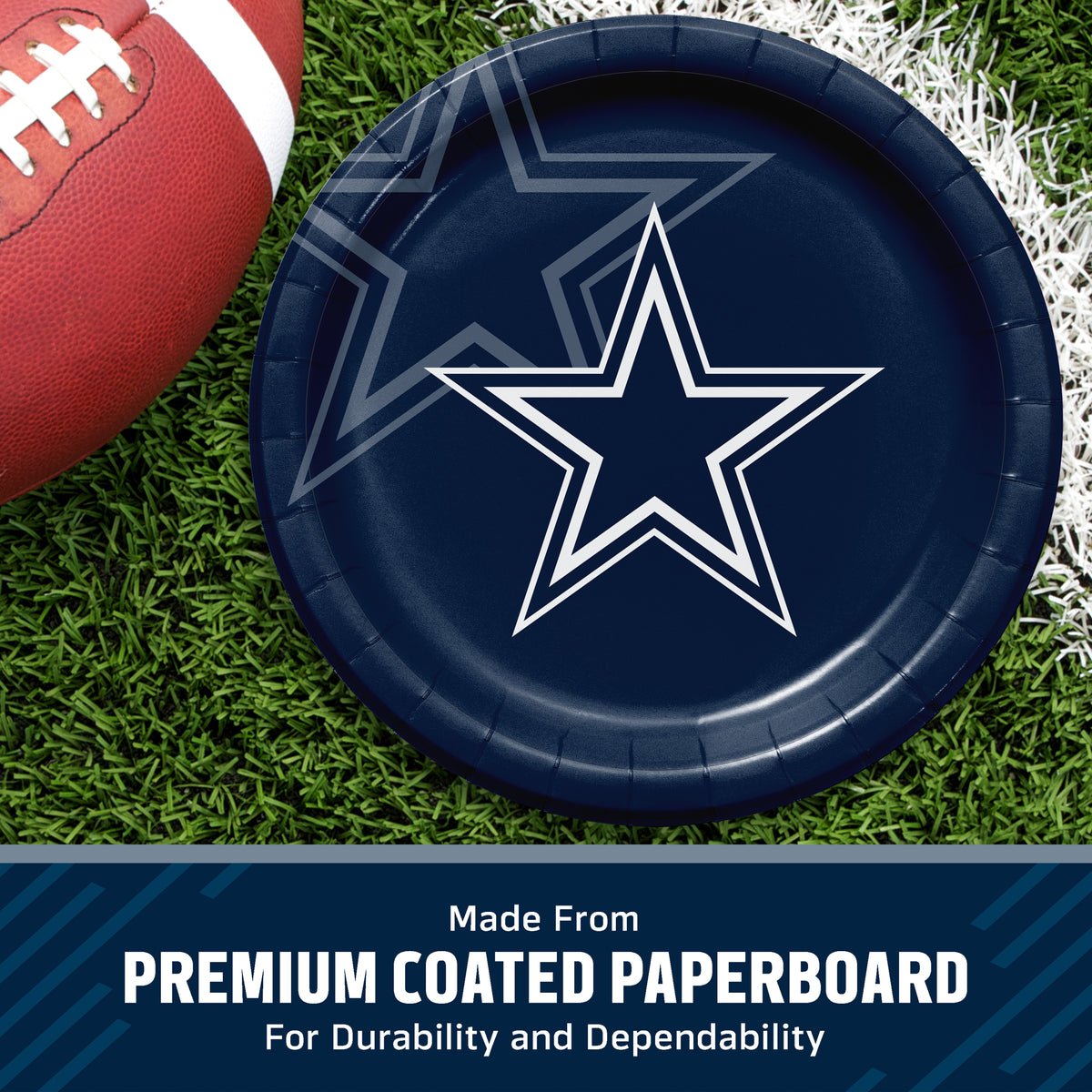 Dallas Cowboys themed paper plate on a green turf background next to a football, with a text banner at the bottom reading 'Made from PREMIUM 2-PLY TISSUE'.
