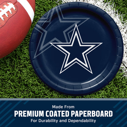 Dallas Cowboys themed paper plate on a green turf background next to a football, with a text banner at the bottom reading 'Made from PREMIUM 2-PLY TISSUE'.