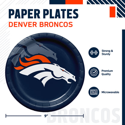 Denver Broncos themed paper plates, featuring a 9-inch round plate with a navy blue color and the Denver Broncos logo in the center. The image includes product specifications and feature icons on a white background.