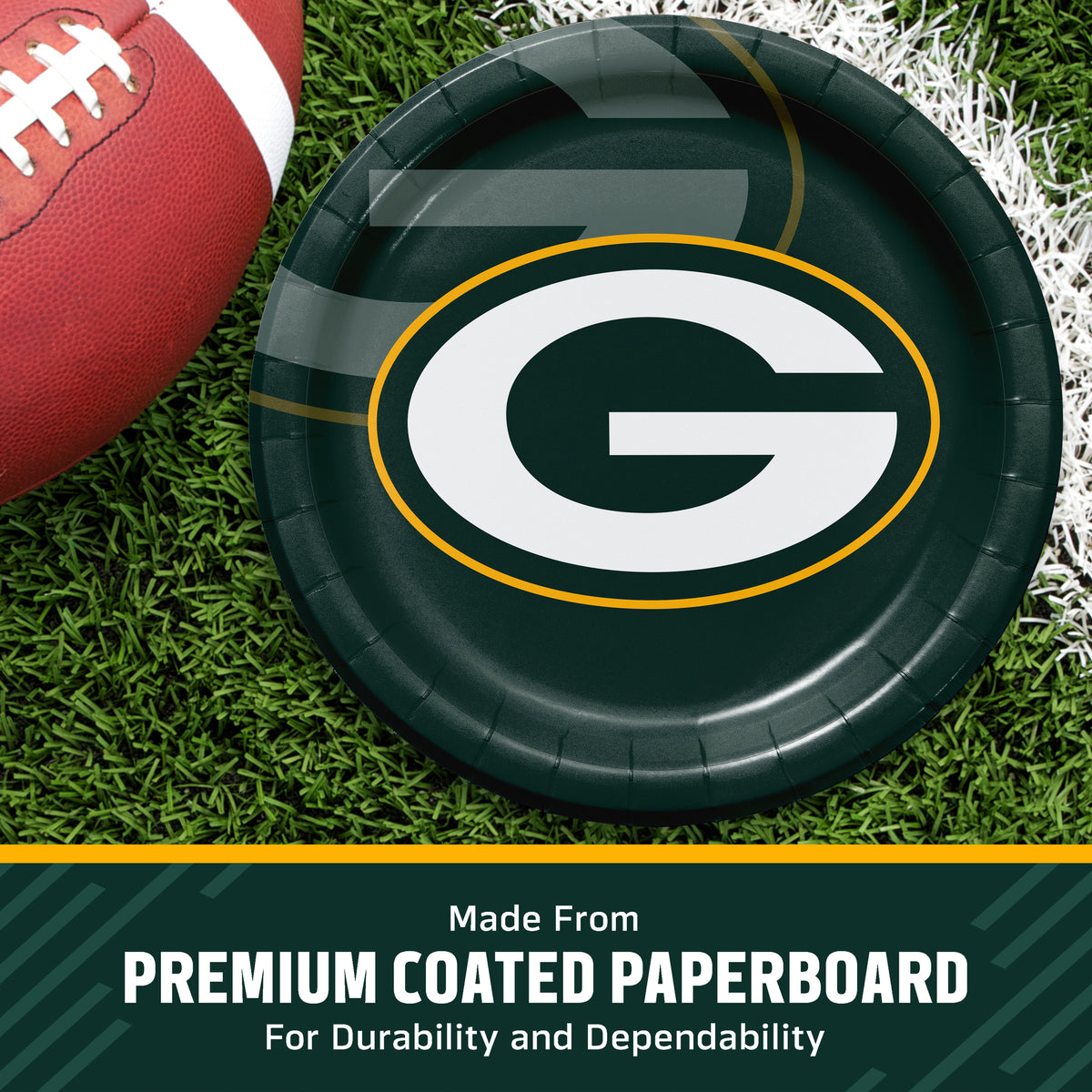 Green Bay Packers themed paper plate on a green turf background next to a football, with a text banner at the bottom reading 'Made from PREMIUM COATED PAPERBOARD'.