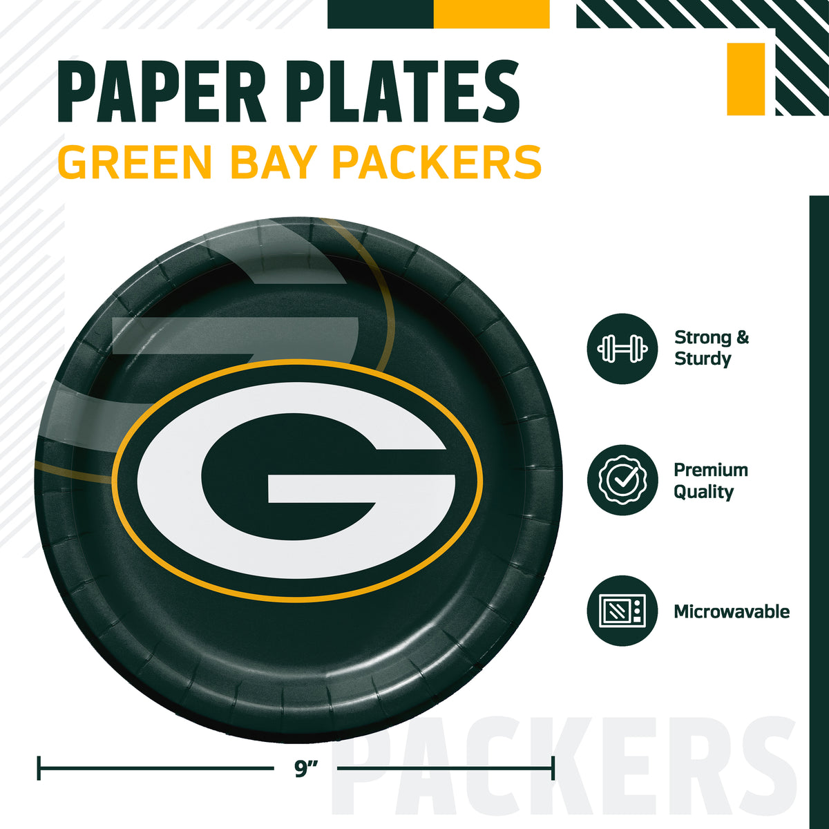 Green Bay Packers themed paper plates, featuring a 9-inch round plate with a green center, and the Green Bay Packers "G" logo in the center. The image includes product specifications and feature icons on a white background.