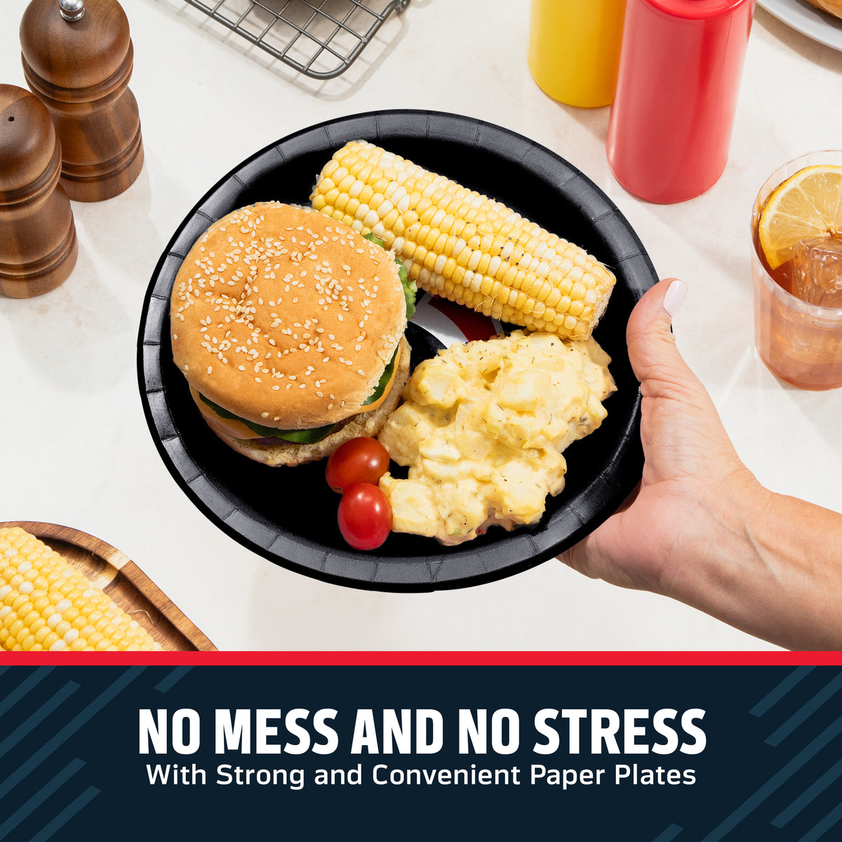 Hand holding a Houston Texans plate filled with a hamburger, corn on the cob, and potato salad. Banner with "No Mess and No Stress" text along the bottom