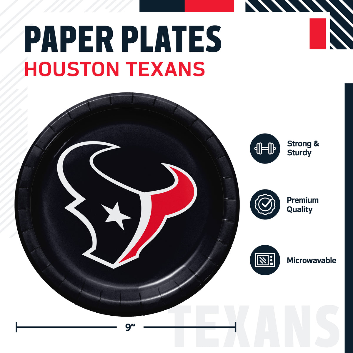 Houston Texans themed paper plates, featuring a 9-inch round plate with a navy blue background and the Houston Texans helmet logo in the center. The image includes product specifications and feature icons on a white background.