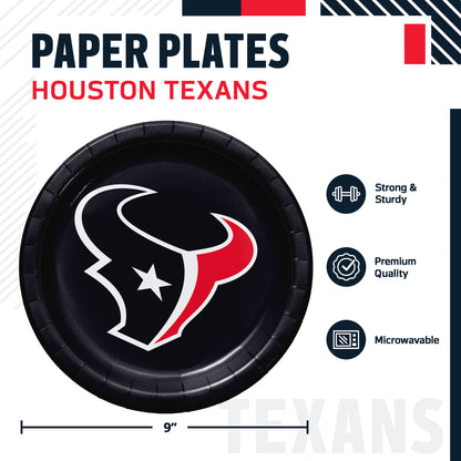 Houston Texans themed paper plates, featuring a 9-inch round plate with a navy blue background and the Houston Texans helmet logo in the center. The image includes product specifications and feature icons on a white background.