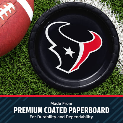 Houston Texans themed paper plate on a green turf background next to a football, with a text banner at the bottom reading 'Made from PREMIUM COATED PAPERBOARD'.