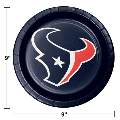Black paper plate with Houston Texans logo and dimensions