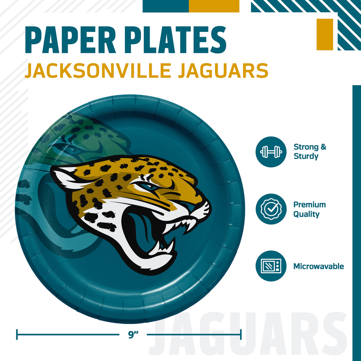 Jacksonville Jaguars themed paper plates set, featuring a 9-inch round plate with the team's jaguar logo. The graphic includes product details, specifications, and feature icons on a clean white background.