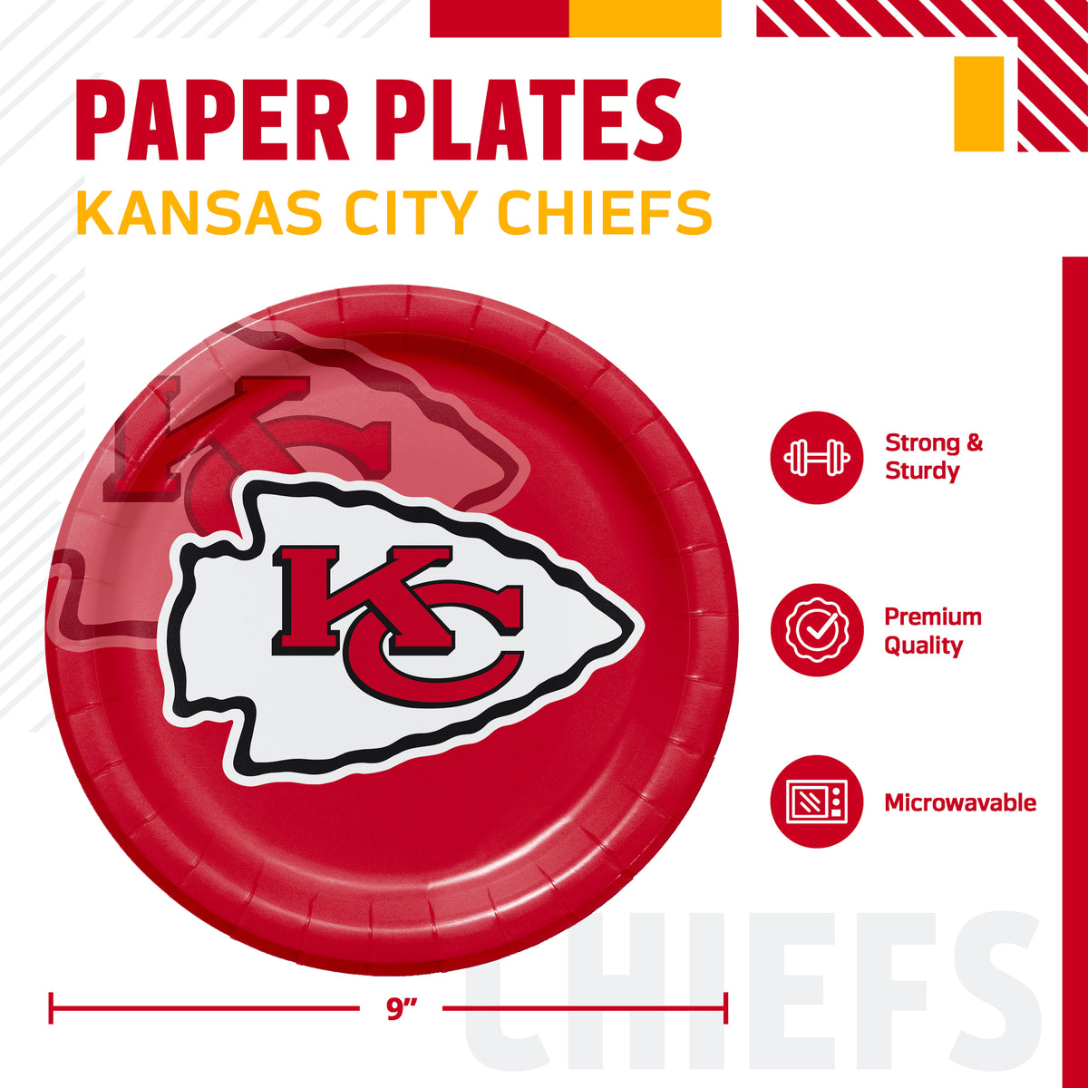 Kansas City Chiefs themed paper plates, featuring a 9-inch round plate with a red center and the 'KC' logo in the center. The image includes product specifications and feature icons on a white background.