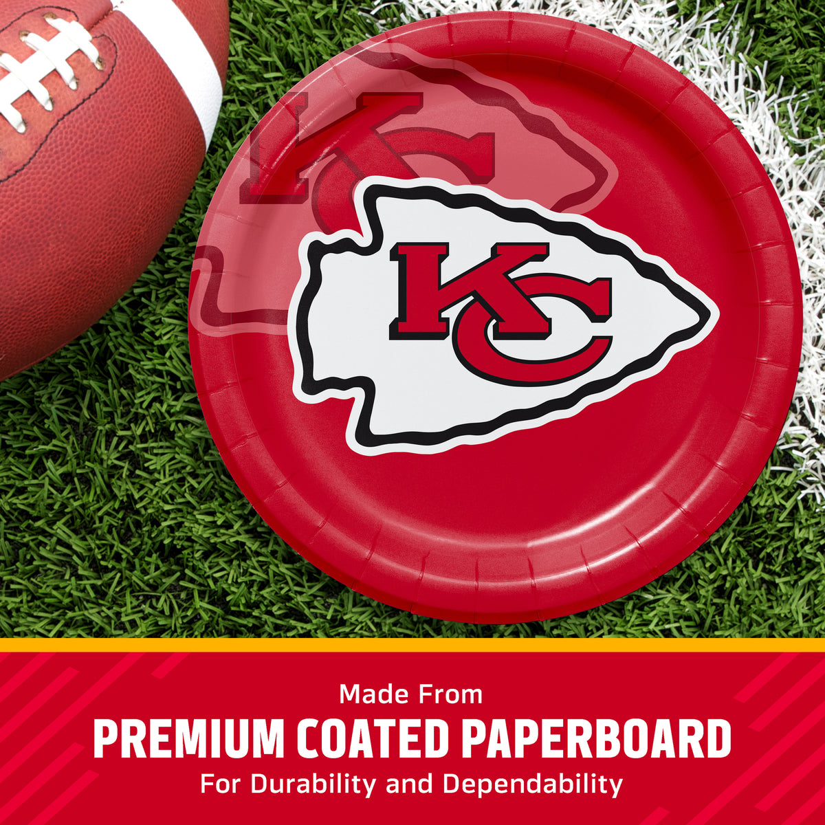 Kansas City Chiefs themed paper plate on a green turf background next to a football, with a text banner at the bottom reading 'Made from PREMIUM COATED PAPERBOARD'.
