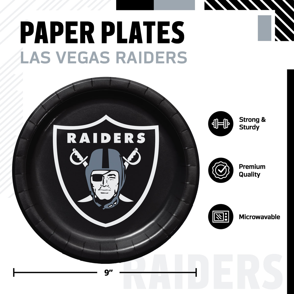 Las Vegas Raiders themed paper plates, featuring a 9-inch round plate with a black center and the Raiders logo with 'RAIDERS' text. The image includes product specifications and feature icons on a white background.