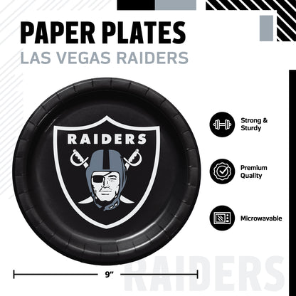 Las Vegas Raiders themed paper plates, featuring a 9-inch round plate with a black center and the Raiders logo with 'RAIDERS' text. The image includes product specifications and feature icons on a white background.