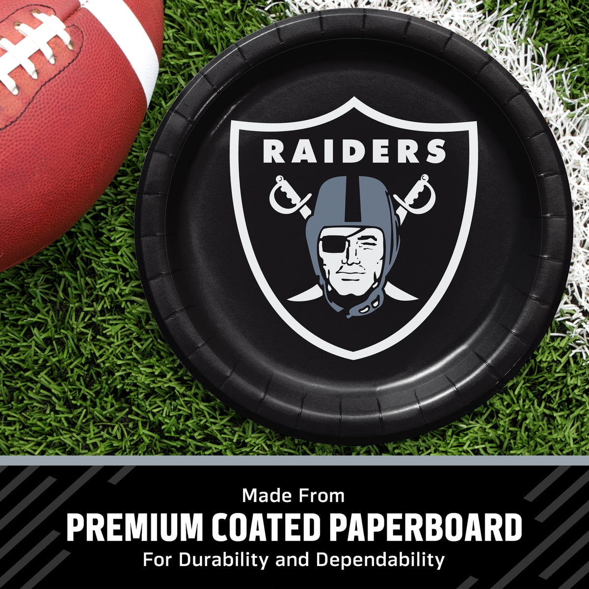 Las Vegas Raiders themed paper plate on a green turf background next to a football, with a text banner at the bottom reading 'Made from PREMIUM COATED PAPERBOARD'.