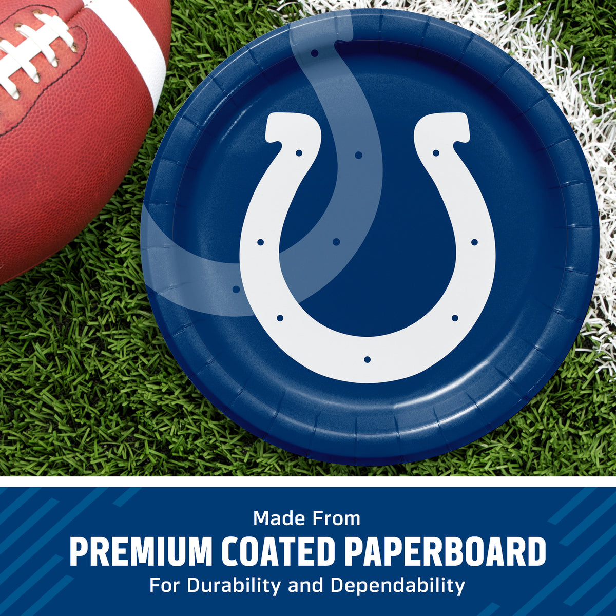 A round blue paper plate with a large white horseshoe logo, shown on a grassy field with part of a football visible. Text at the bottom reads 'Made From PREMIUM COATED PAPERBOARD For Durability and Dependability.