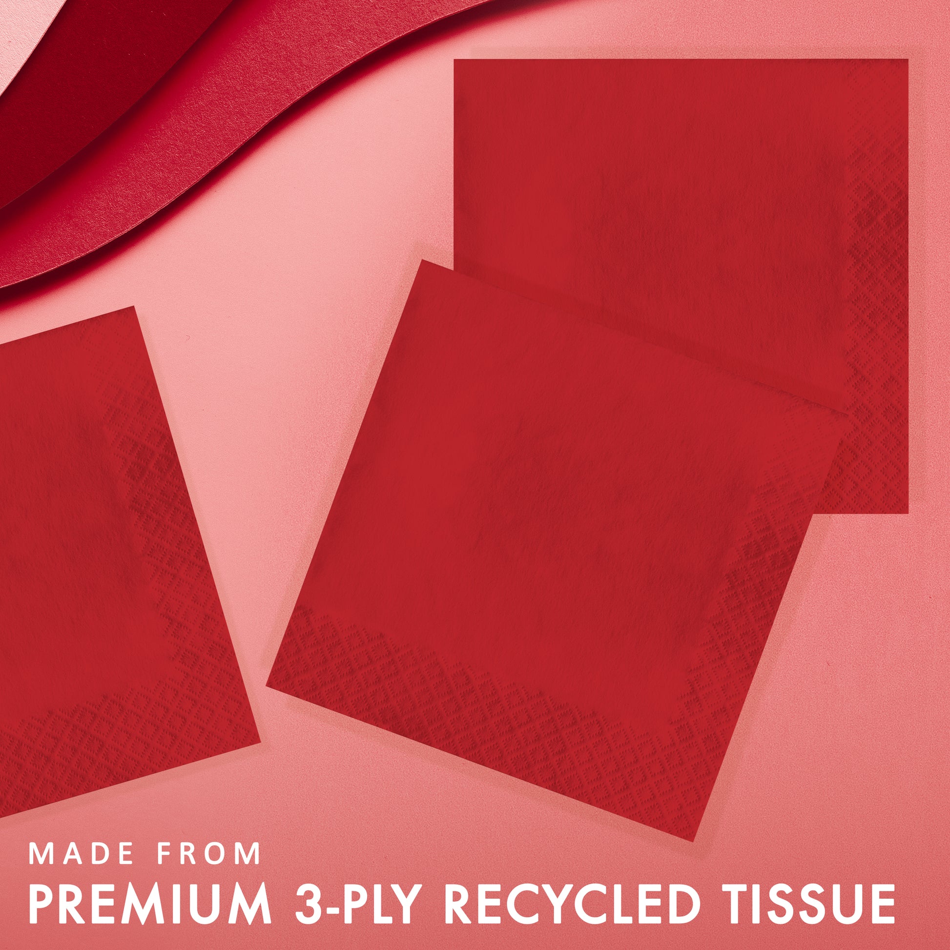 Red napkins on a light red background with text about premium 3-ply recycled tissue.