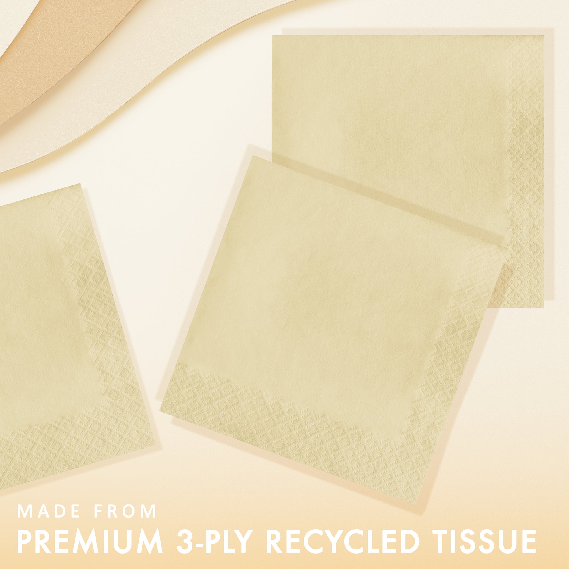 Ivory paper napkins with text 'Made from Premium 3-ply recycled tissue' on an ivory background
