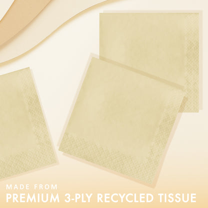 Ivory paper napkins with text 'Made from Premium 3-ply recycled tissue' on an ivory background