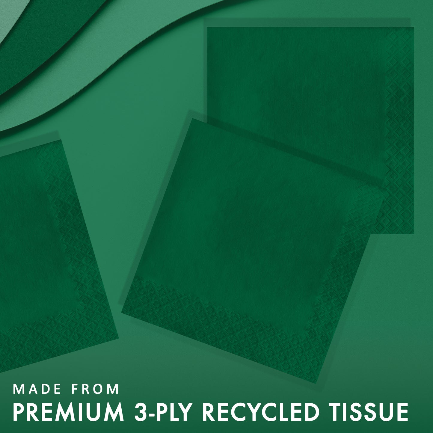 Hunter green dinner napkins on a light green background with 'Made from premium 3-ply recycled tissue' text