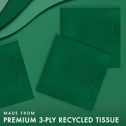 Hunter green dinner napkins on a light green background with 'Made from premium 3-ply recycled tissue' text