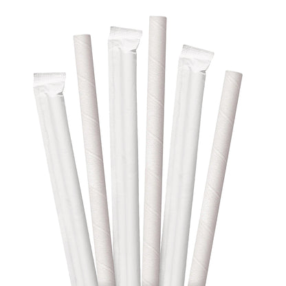 8.5" Wrapped White Colossal Paper Straws - 1200 ct. Set of white wrapped paper straws on a white background