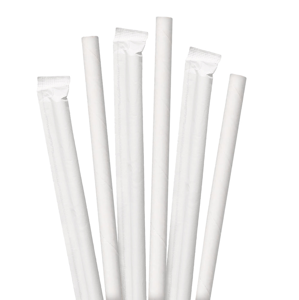7.75" Wrapped White Jumbo Paper Straws - 3200 ct. Set of white straws on a white background