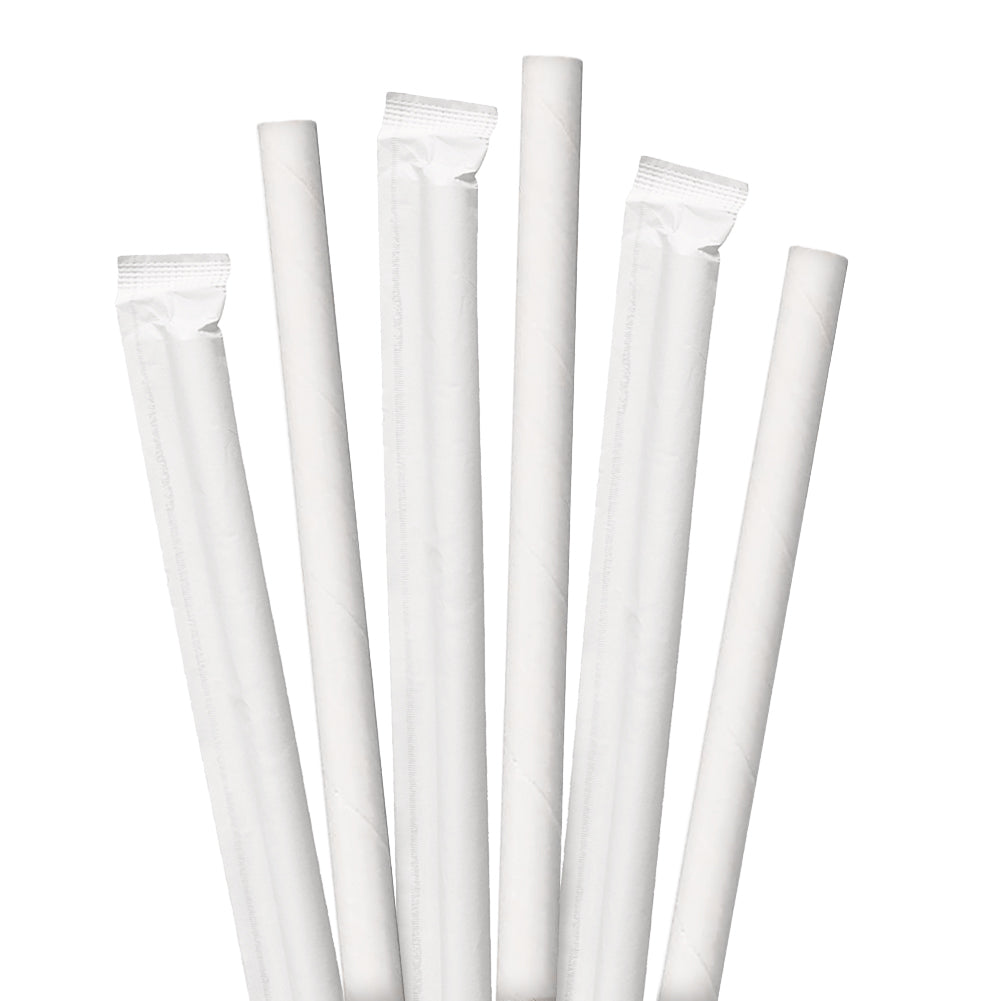 7.75" Wrapped White Giant Paper Straws - 2400 ct. Set of white paper straws on a white background