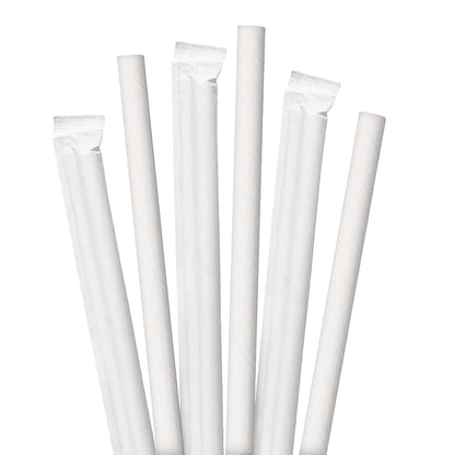 7.75" Wrapped White Giant Paper Straws - 2400 ct. Set of white paper straws on a white background