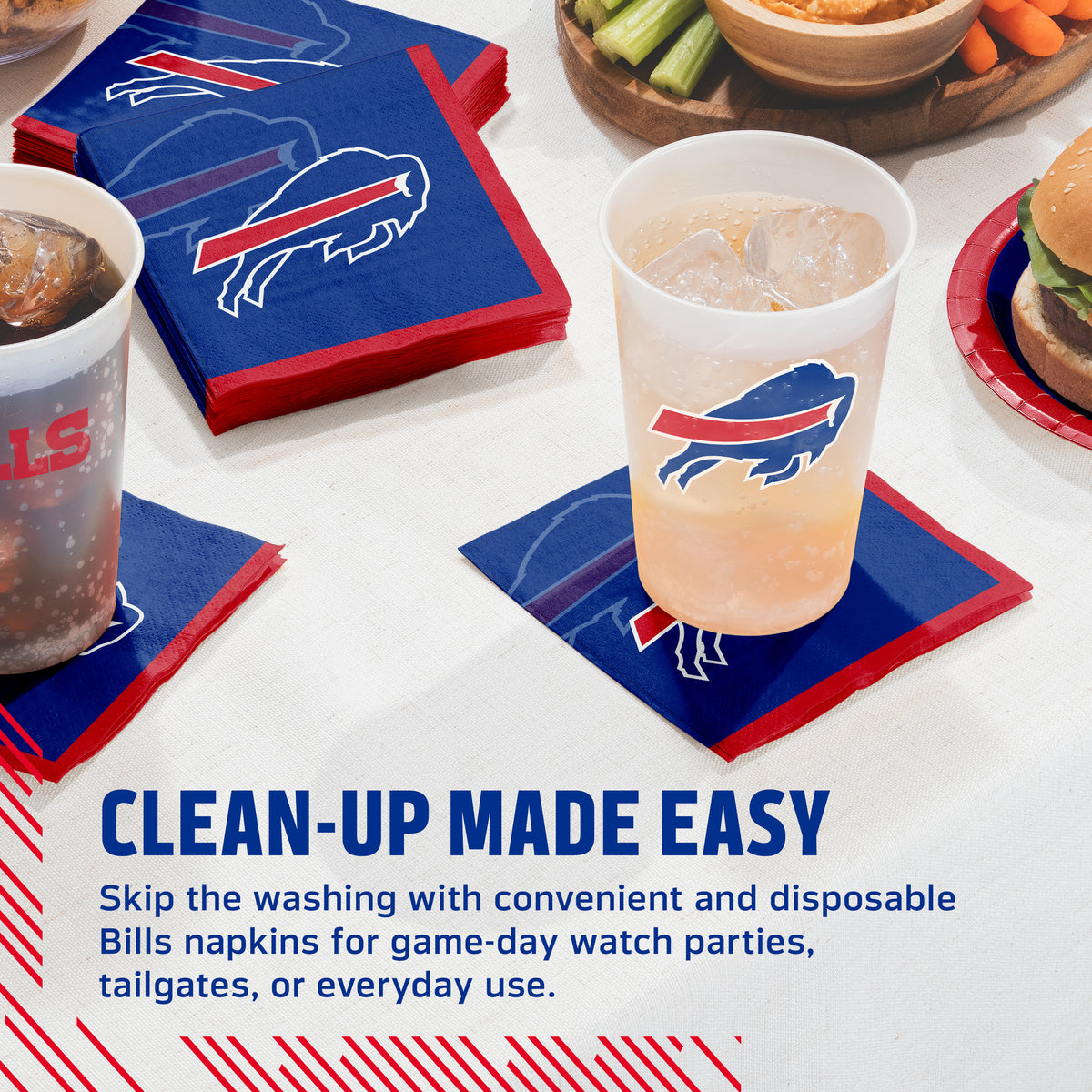Buffalo Bills napkins on a table with cups and food with "Clean-Up Made Easy" text along the bottom