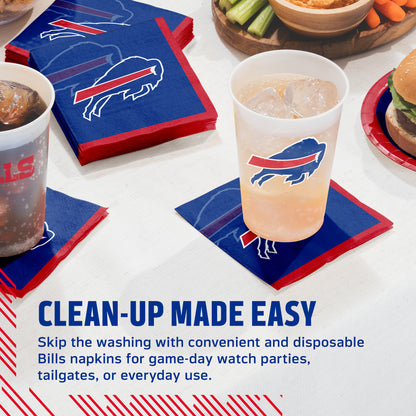 Buffalo Bills napkins on a table with cups and food with "Clean-Up Made Easy" text along the bottom