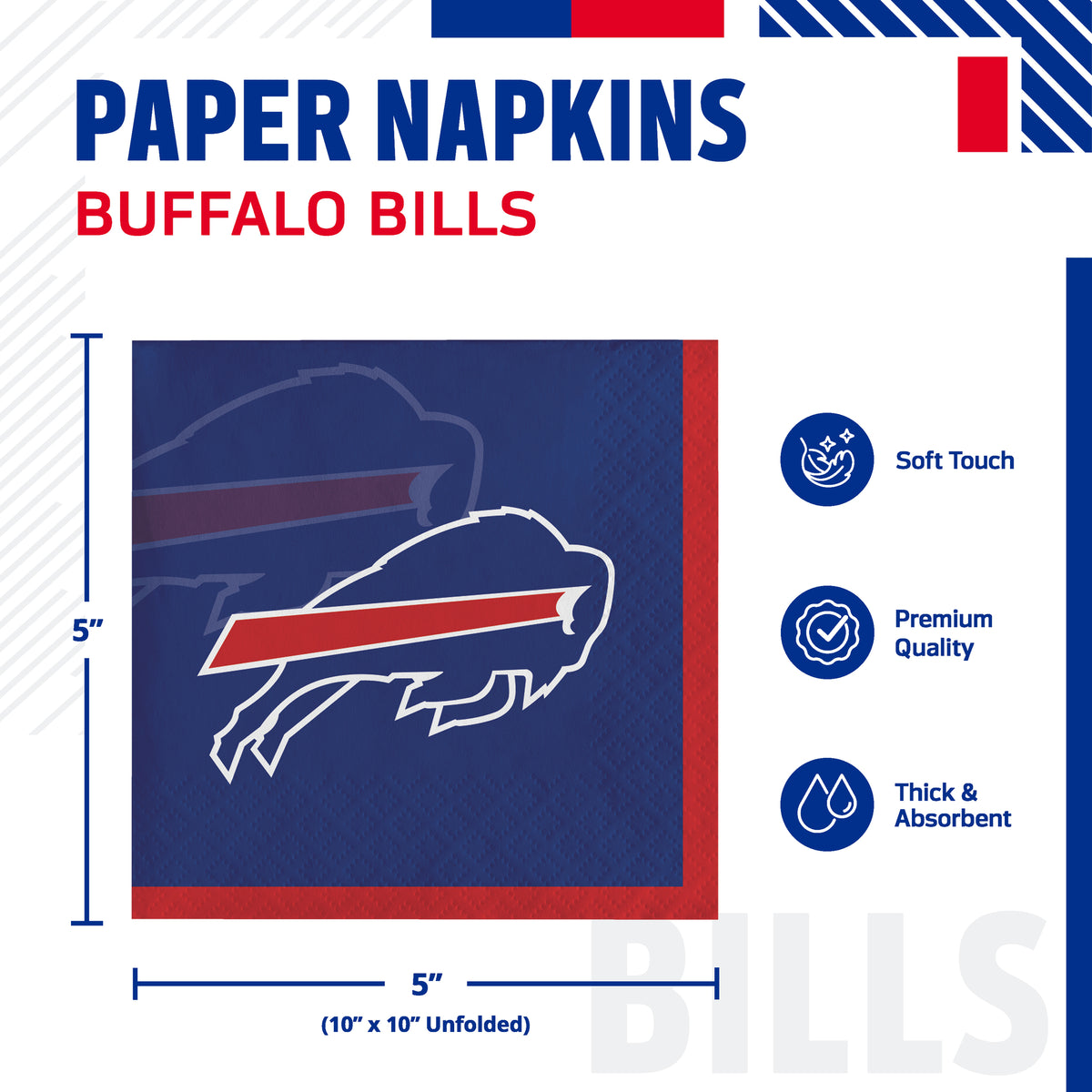 Buffalo Bills paper napkins with product dimensions and infographic with Soft Touch, Premium Quality, and Thick & Absorbent