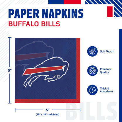 Buffalo Bills paper napkins with product dimensions and infographic with Soft Touch, Premium Quality, and Thick & Absorbent