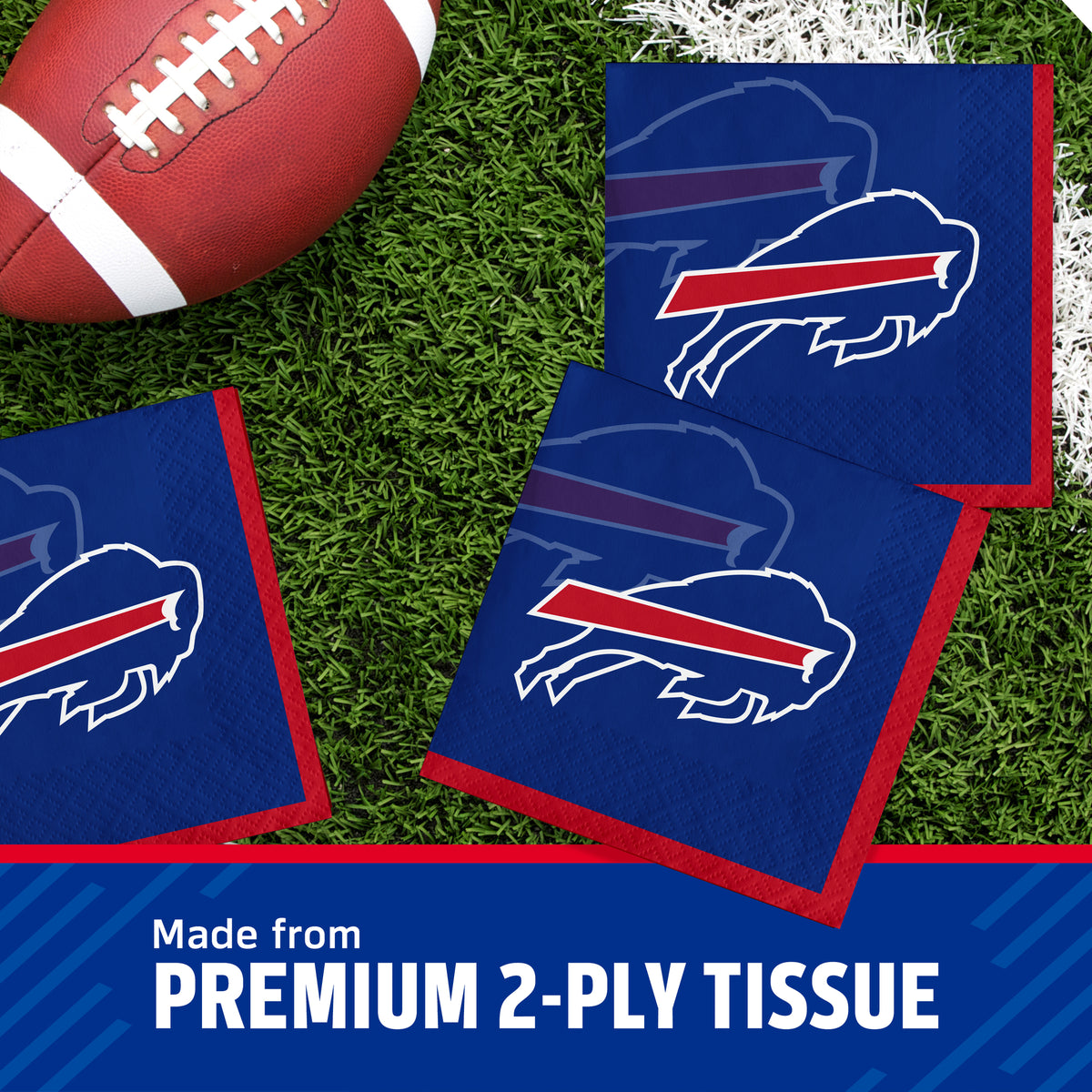 Buffalo Bills napkins on a grass field with banner at the bottom including text "Made from Premium 2-Ply Tissue"