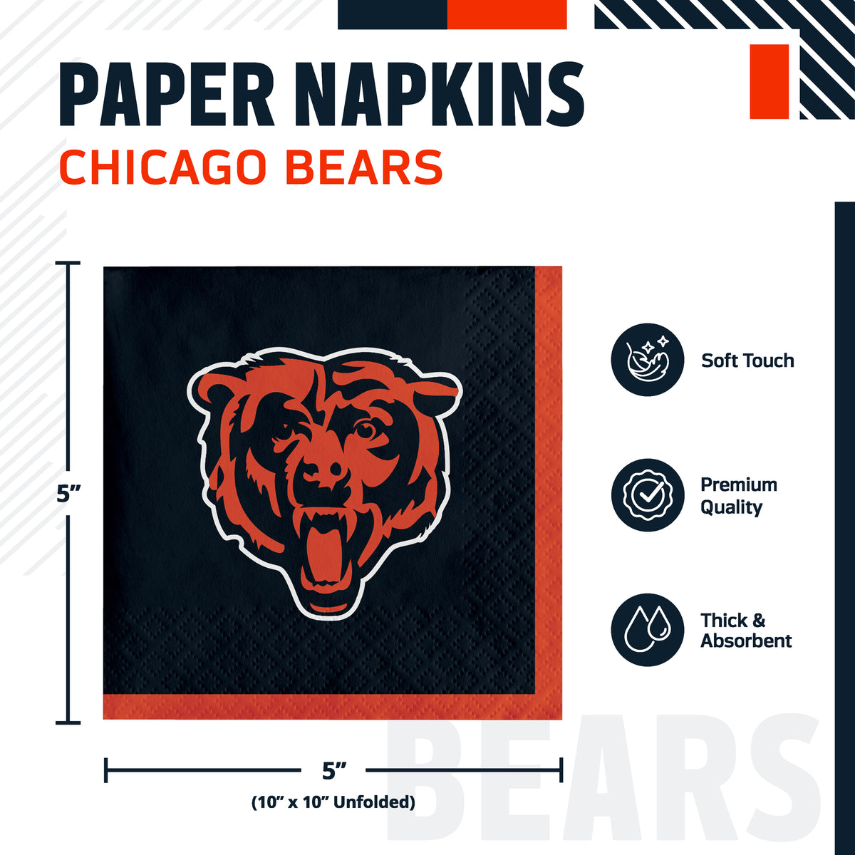 Chicago Bears paper napkins with infographic and product dimensions