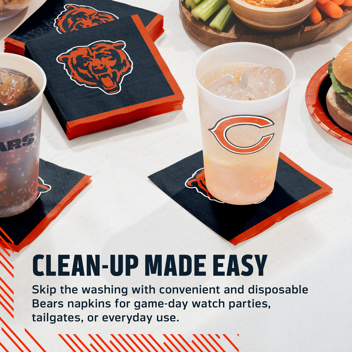 Chicago Bears napkins and cups on a table with food and drinks with ice. Banner with "Clean-Up Made Easy" text along the bottom