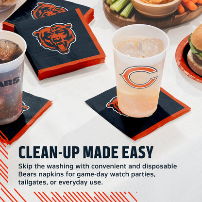 Chicago Bears napkins and cups on a table with food and drinks with ice. Banner with "Clean-Up Made Easy" text along the bottom