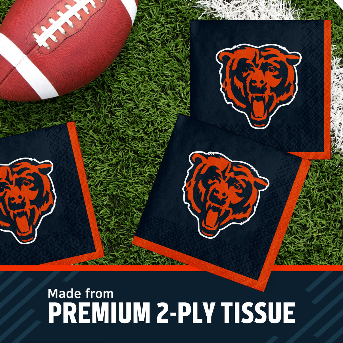 Three Chicago Bears themed square napkins on a green turf background next to a football, with a text banner at the bottom reading 'Made from PREMIUM 2-PLY TISSUE'.