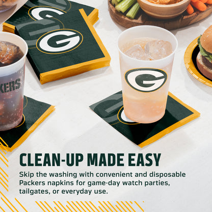 Green Bay Packers napkins and cups on a table with food and cup. Banner with "Clean-Up Made Easy" text along the bottom
