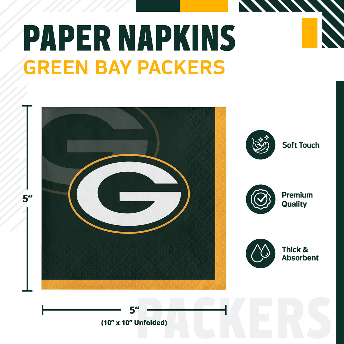 Green Bay Packers paper napkins shown in a product graphic with dimensions and feature callouts. The napkin is navy blue with the "G" Greenbay logo and yellow trim.
