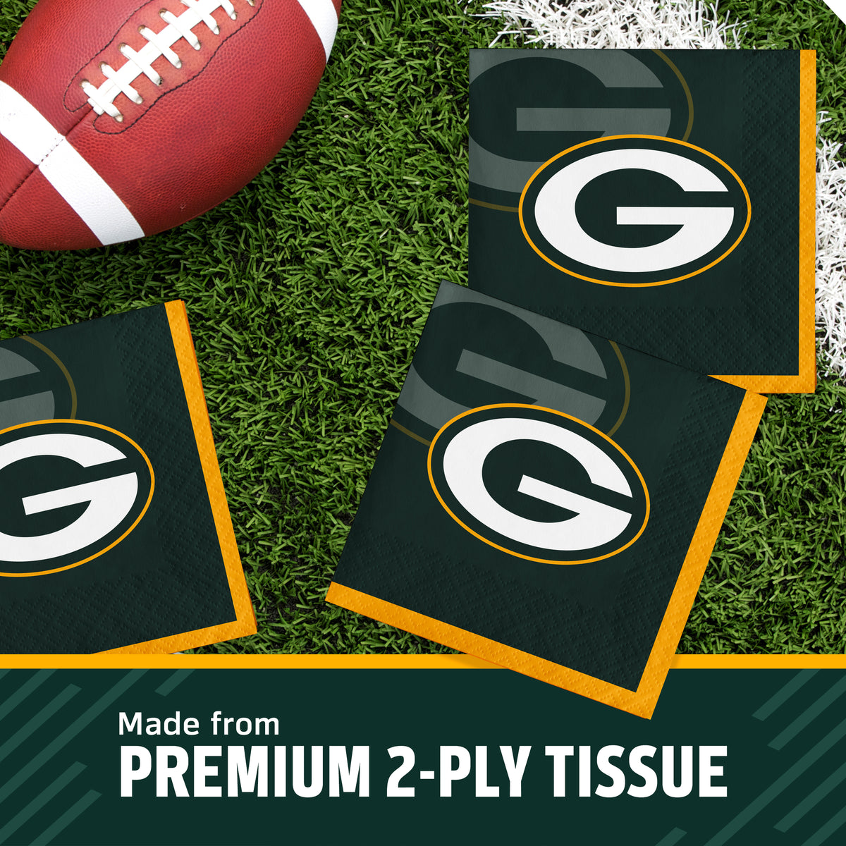 Three Green Bay Packers themed square napkins on a green turf background next to a football, with a text banner at the bottom reading 'Made from PREMIUM 2-PLY TISSUE'.