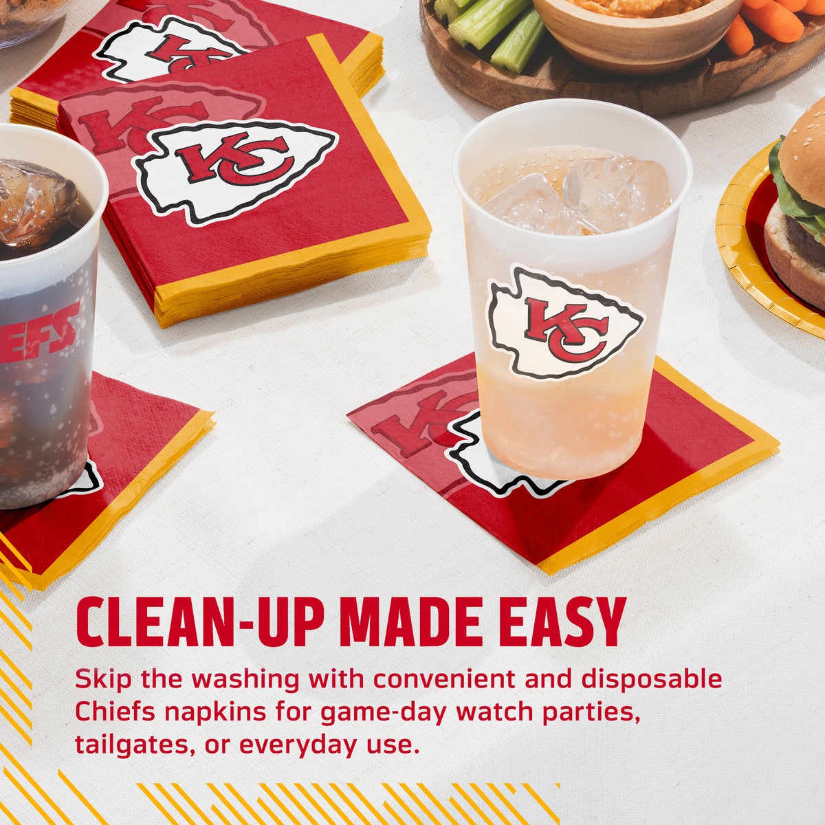 Kansas City Chiefs napkins and cups on a table with food and cup. Banner with "Clean-Up Made Easy" text along the bottom