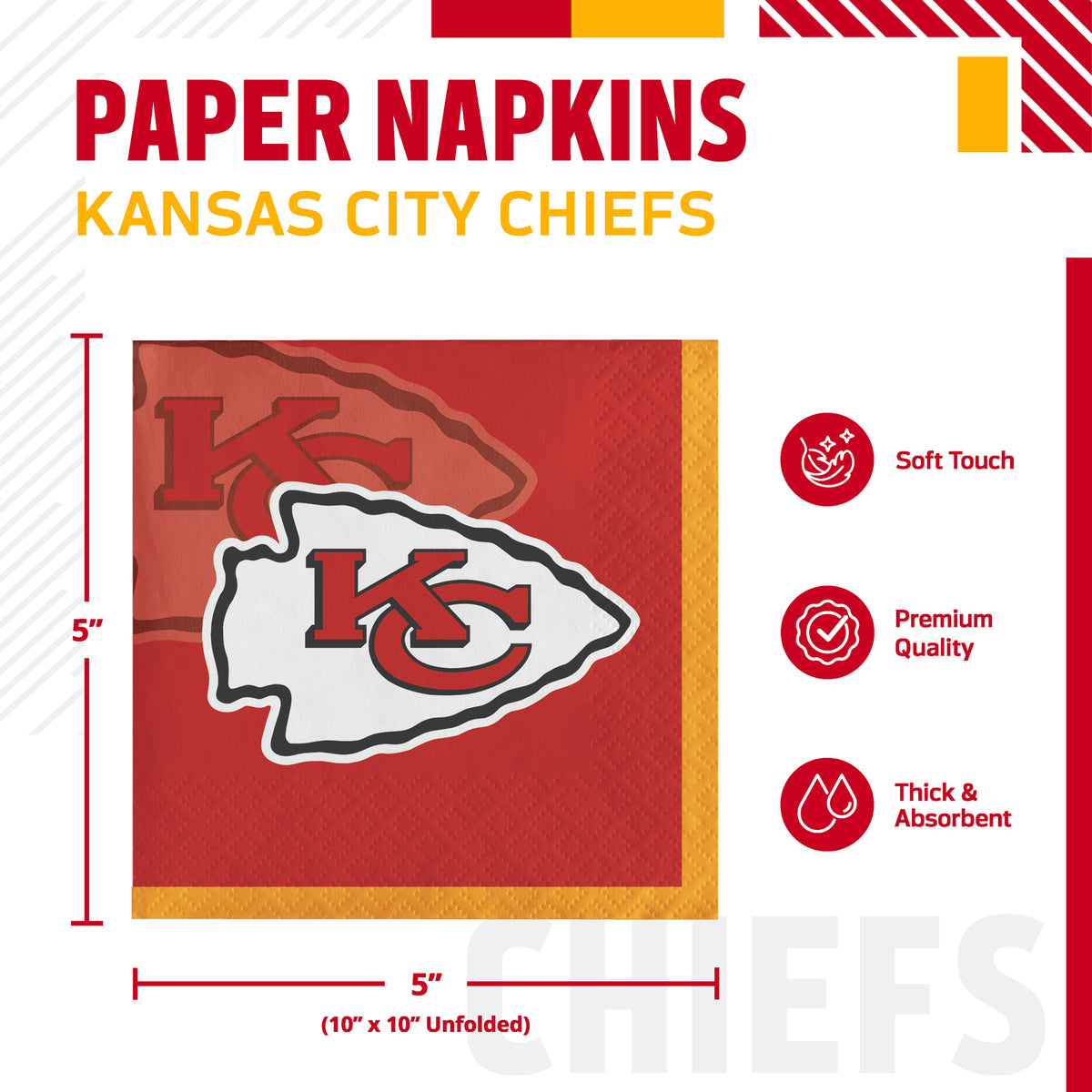 Kansas City Chiefs paper napkins shown in a product graphic with dimensions and feature callouts. The napkin is red with yellow trim and the Chiefs logo and the word COWBOYS printed on it. 