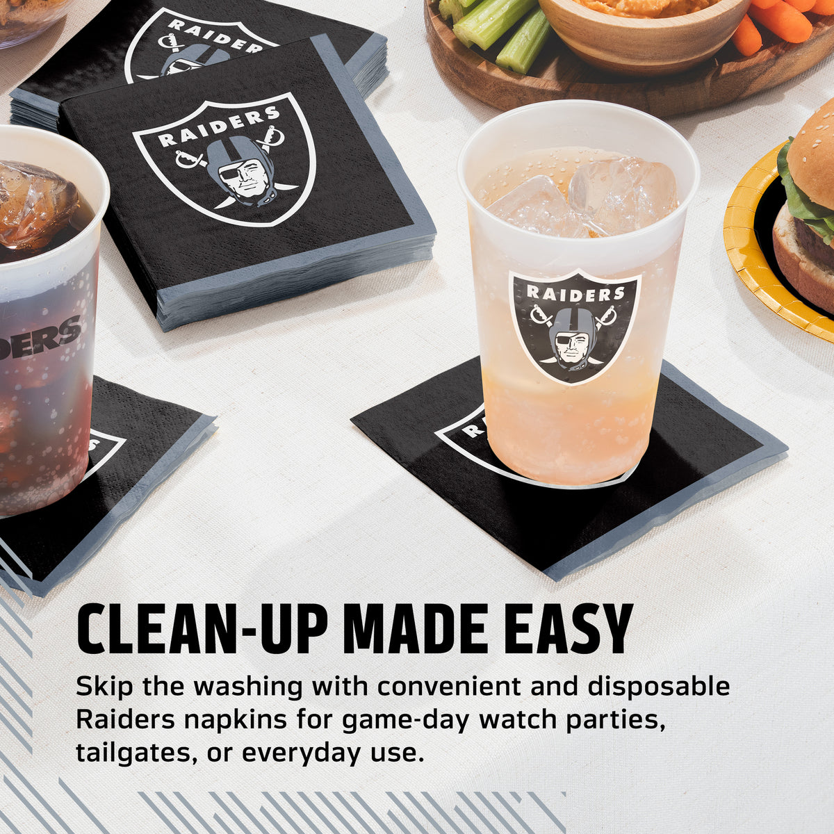 Las Vegas Raiders napkins and cups on a table with food and cup. Banner with "Clean-Up Made Easy" text along the bottom