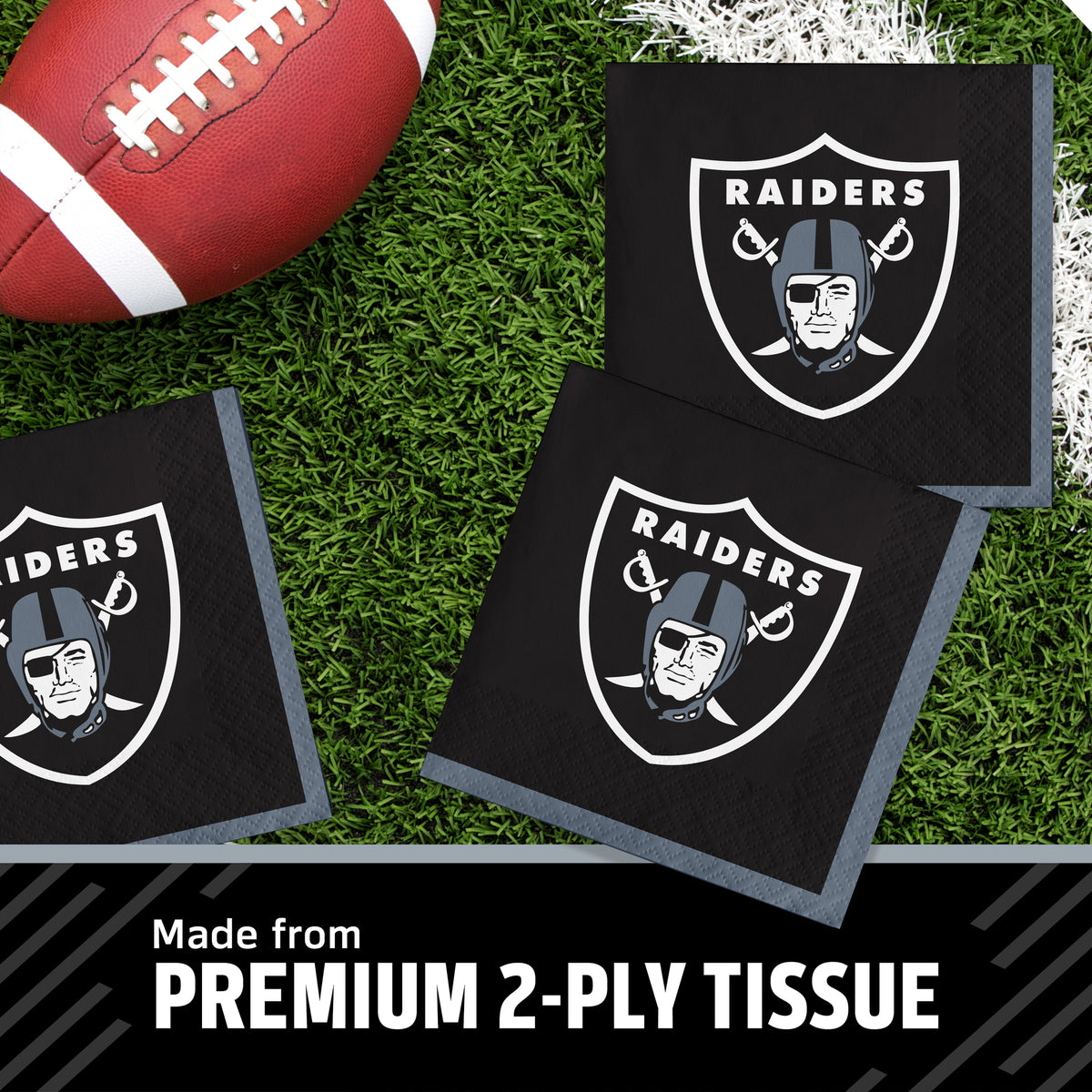 Three Las Vegas Raiders themed square napkins on a green turf background next to a football, with a text banner at the bottom reading 'Made from PREMIUM 2-PLY TISSUE'.
