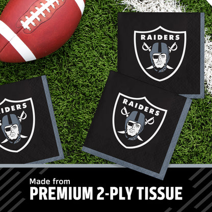 Three Las Vegas Raiders themed square napkins on a green turf background next to a football, with a text banner at the bottom reading 'Made from PREMIUM 2-PLY TISSUE'.
