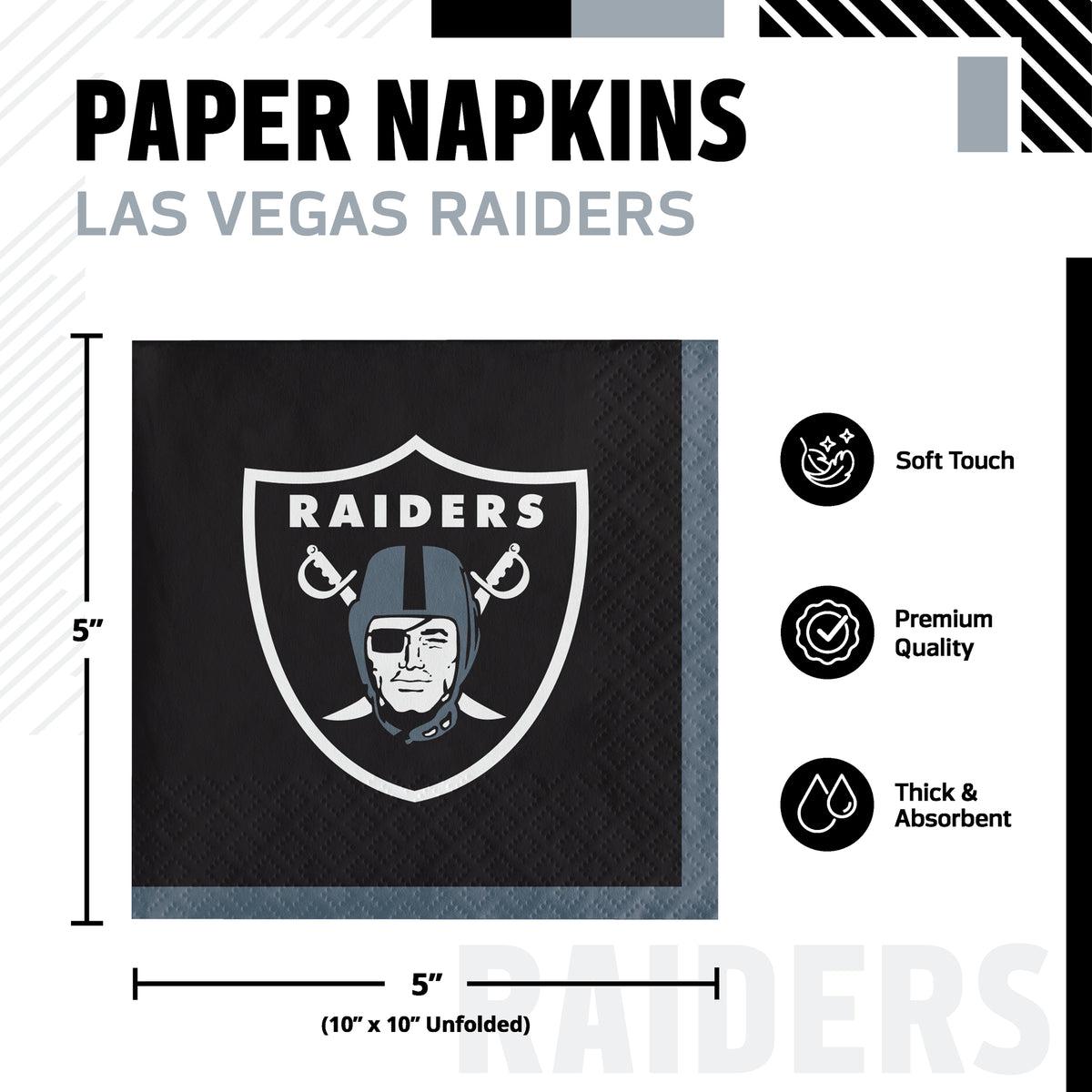 Las Vegas Raiders paper napkins shown in a product graphic with dimensions and feature callouts. The napkin is black with the Raiders logo and the word RAIDERS printed on it.